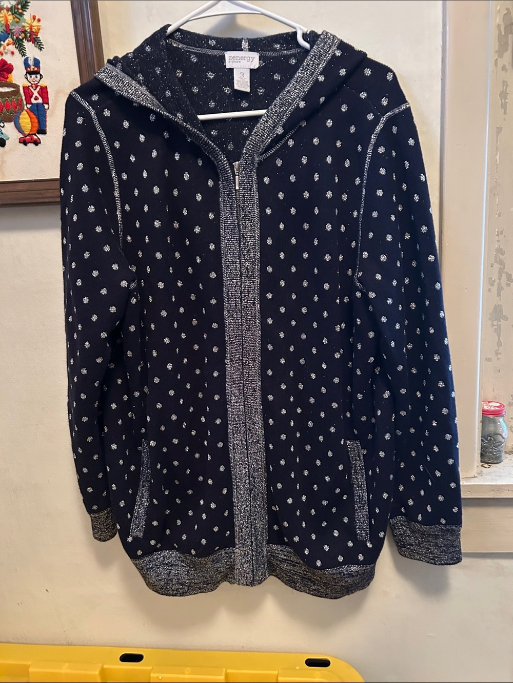 Chico's Navy Hooded Zip Jacket Sweater with Silver Dot Accents size 3
